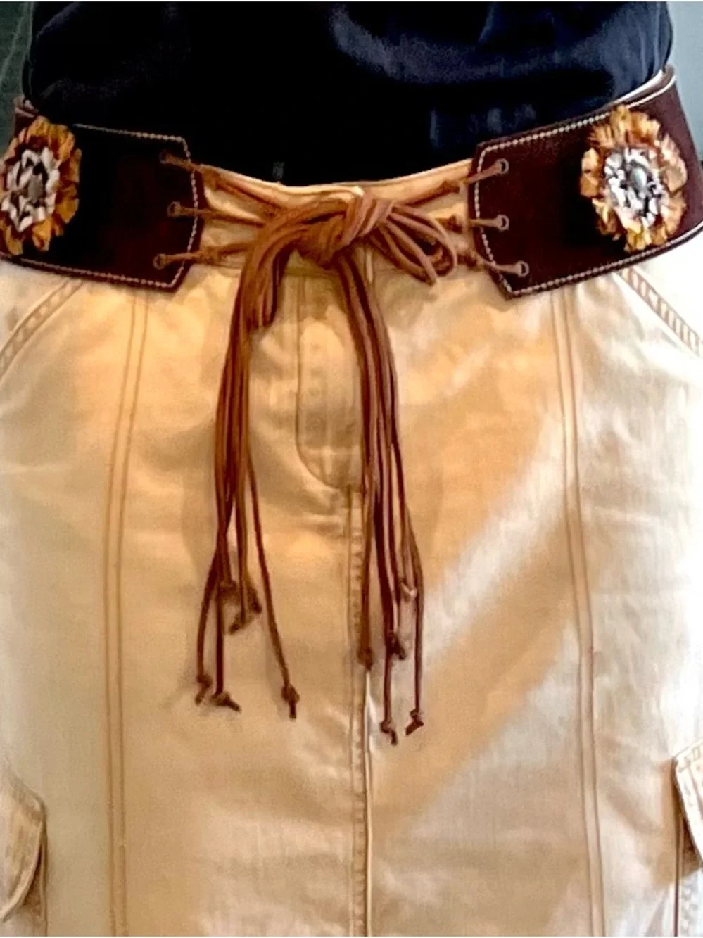 Brown Suede Lace-Up Belt with Feather Rosette Accents